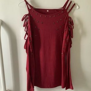 Drape-Neck Beaded Cold-Shoulder Top